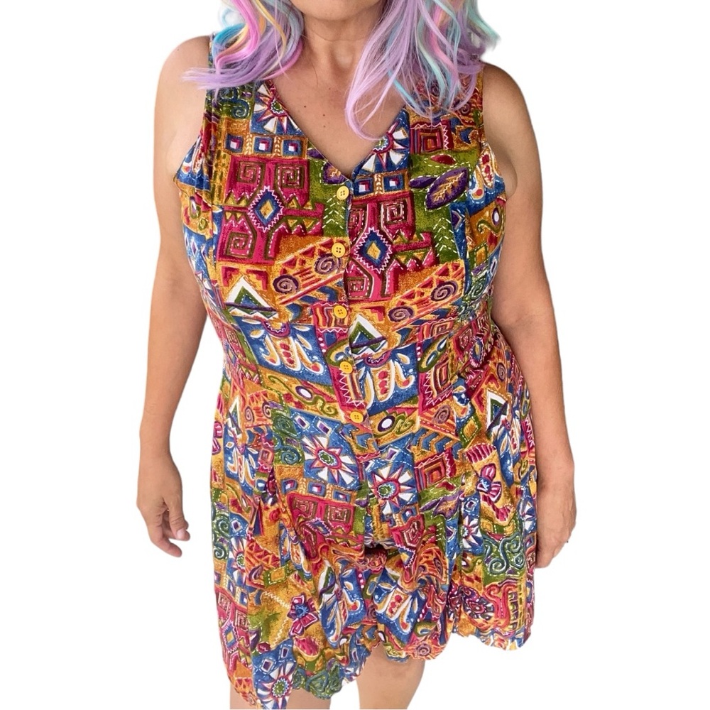 Vintage Colorful 90s Floral Jumpsuit Size XL Wide Leg Romper Abstract  Beach - Picture 7 of 8